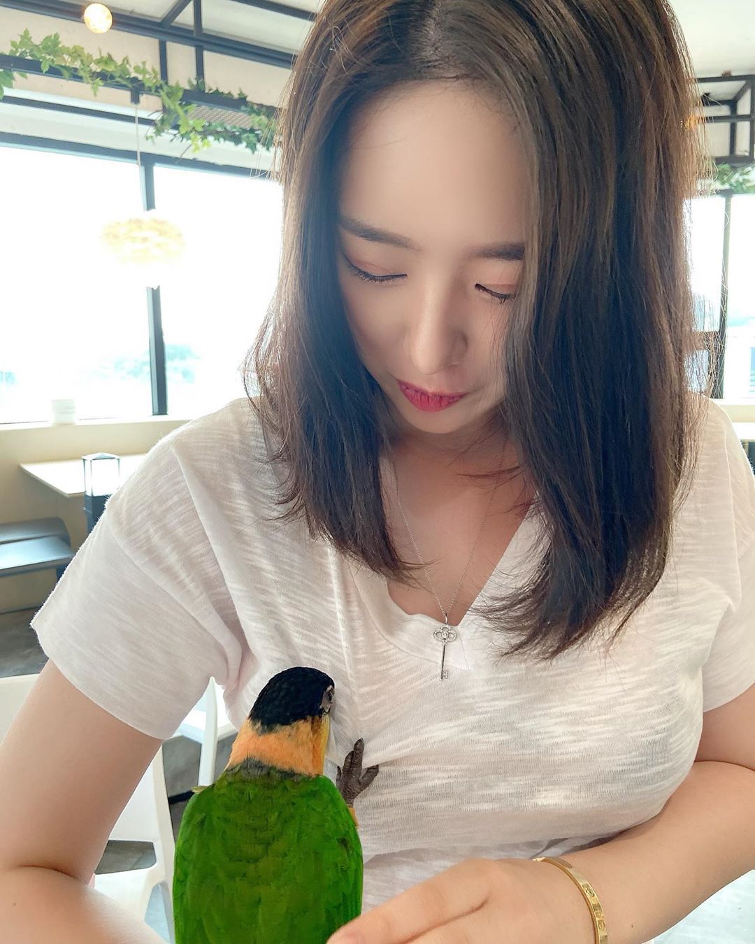 鸚鵡都忍不住討奶吃！南韓「巨乳正妹」BITNARA餐廳逗鳥，飽滿上圍慘遭攻擊！