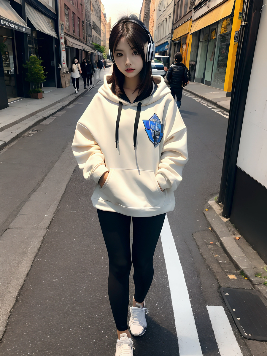AI生成美女~City street, oversized hoodie