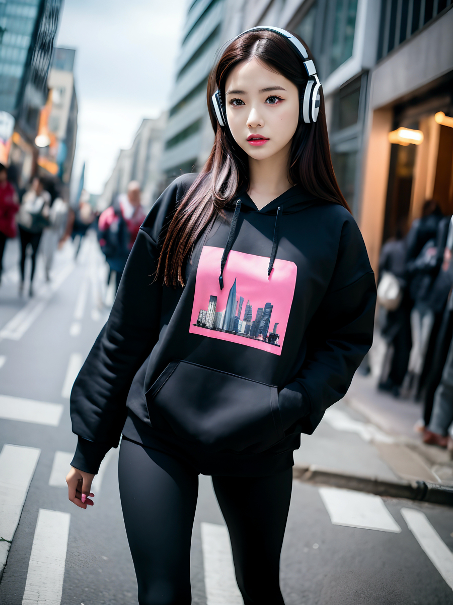 AI生成美女~City street, oversized hoodie