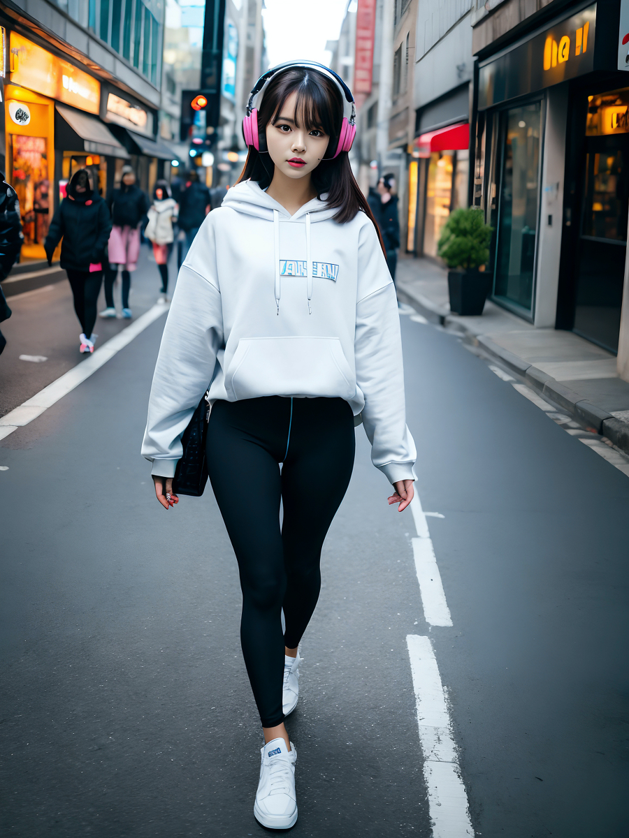 AI生成美女~City street, oversized hoodie