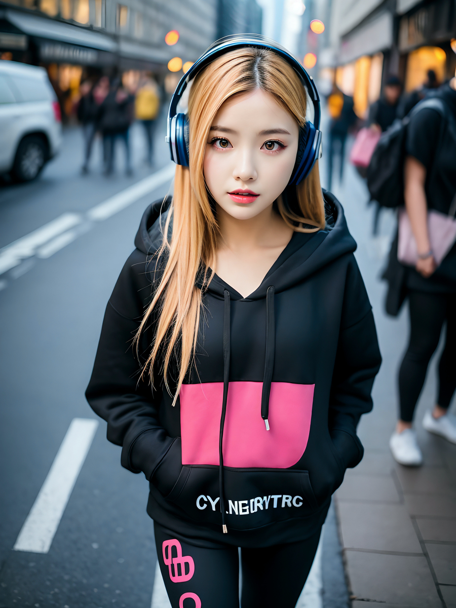 AI生成美女~City street, oversized hoodie