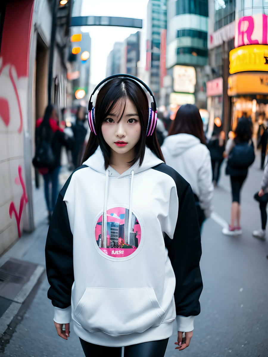 AI生成美女~City street, oversized hoodie