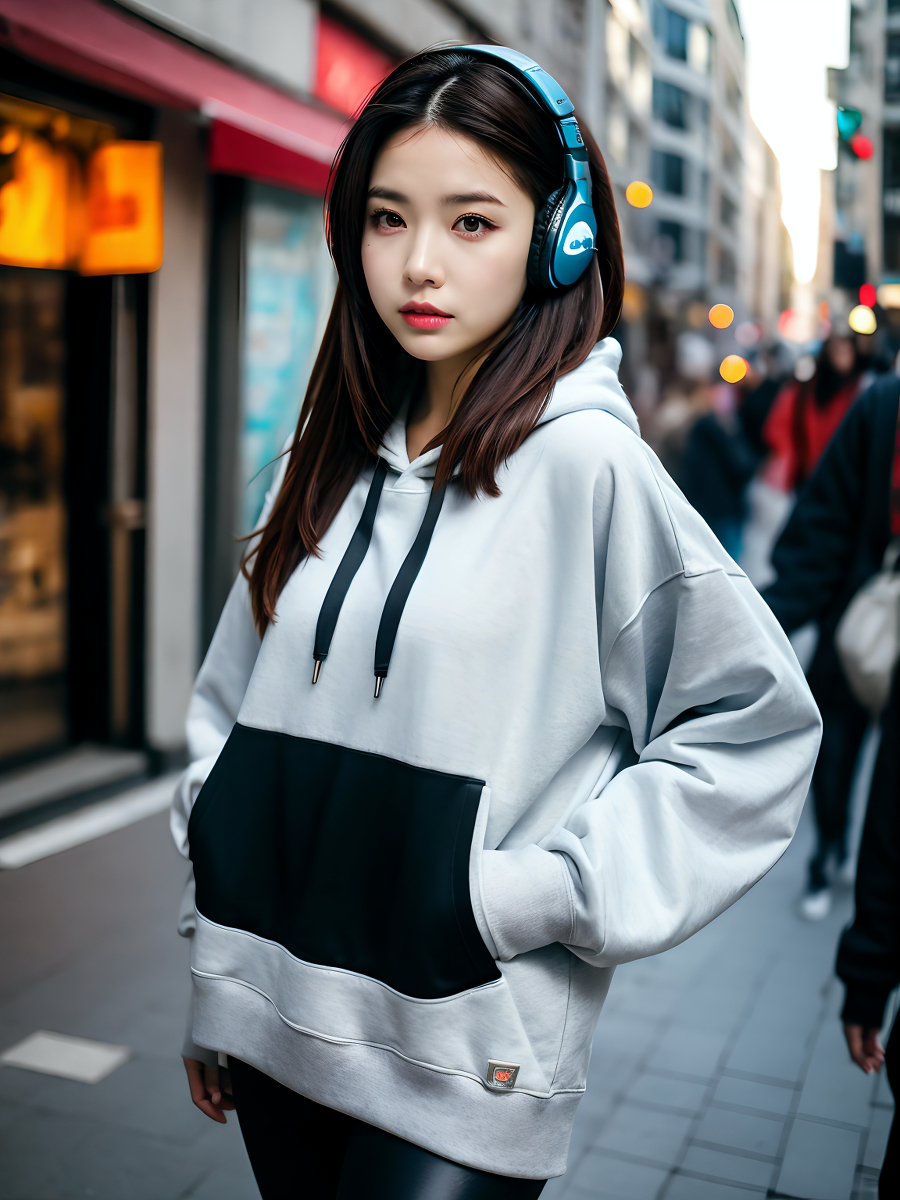 AI生成美女~City street, oversized hoodie