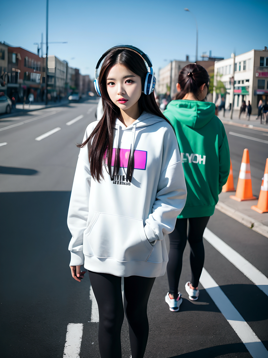 AI生成美女~City street, oversized hoodie