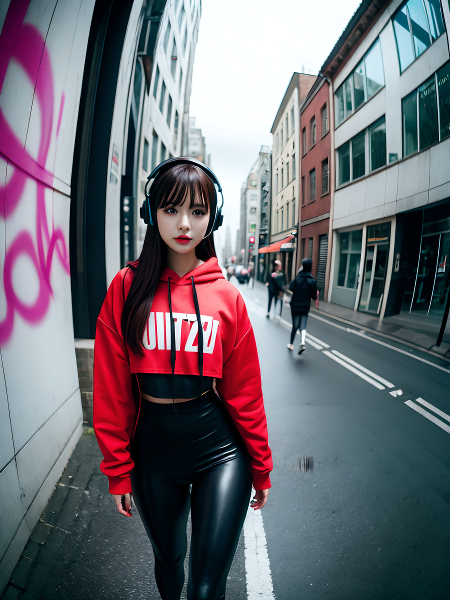 AI生成美女~City street, oversized hoodie