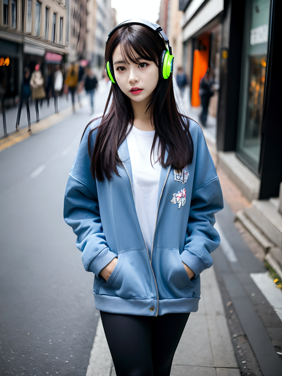 AI生成美女~City street, oversized hoodie