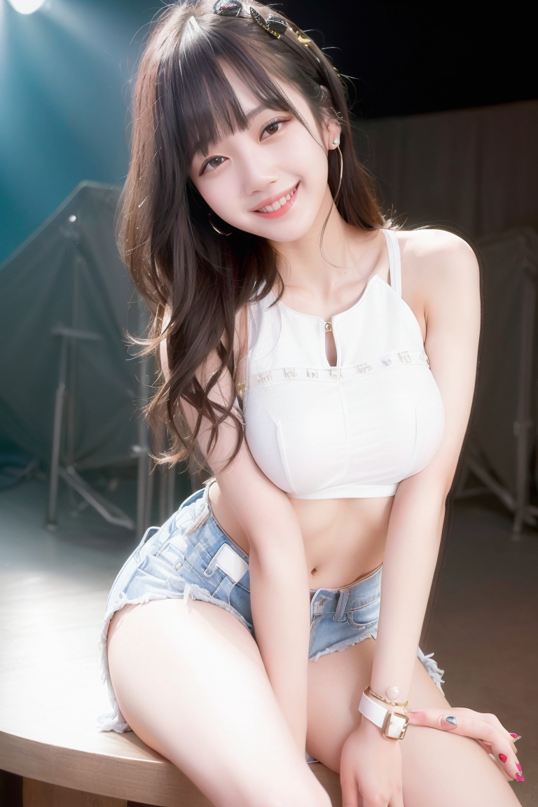 AI生成美女~白色高腰背心 White high-waist tank top