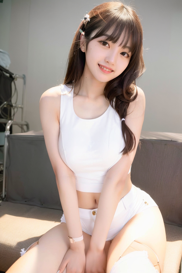 AI生成美女~白色高腰背心 White high-waist tank top