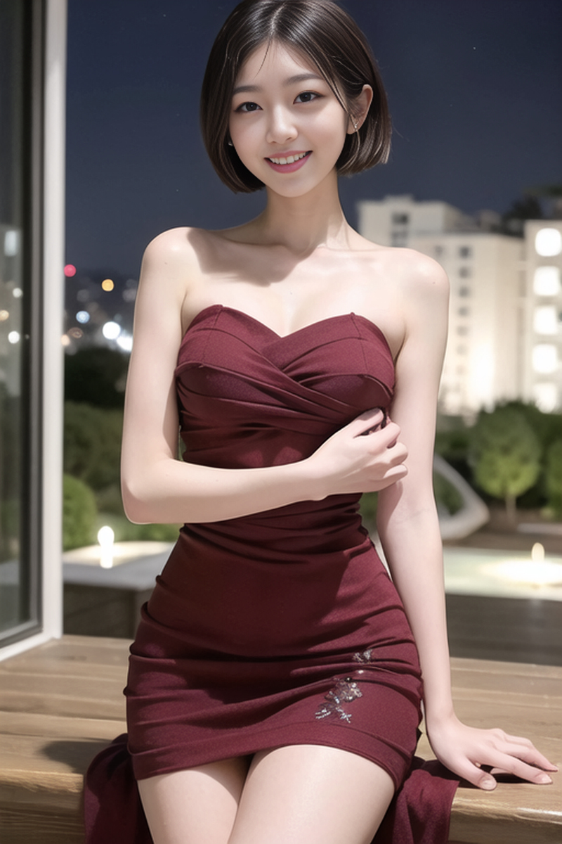 AI生成美女~短髮女孩-洋裝-夜間