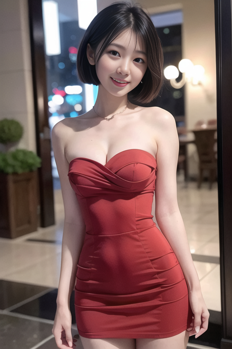 AI生成美女~短髮女孩-洋裝-夜間