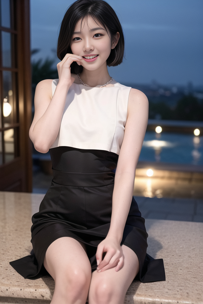 AI生成美女~短髮女孩-洋裝-夜間