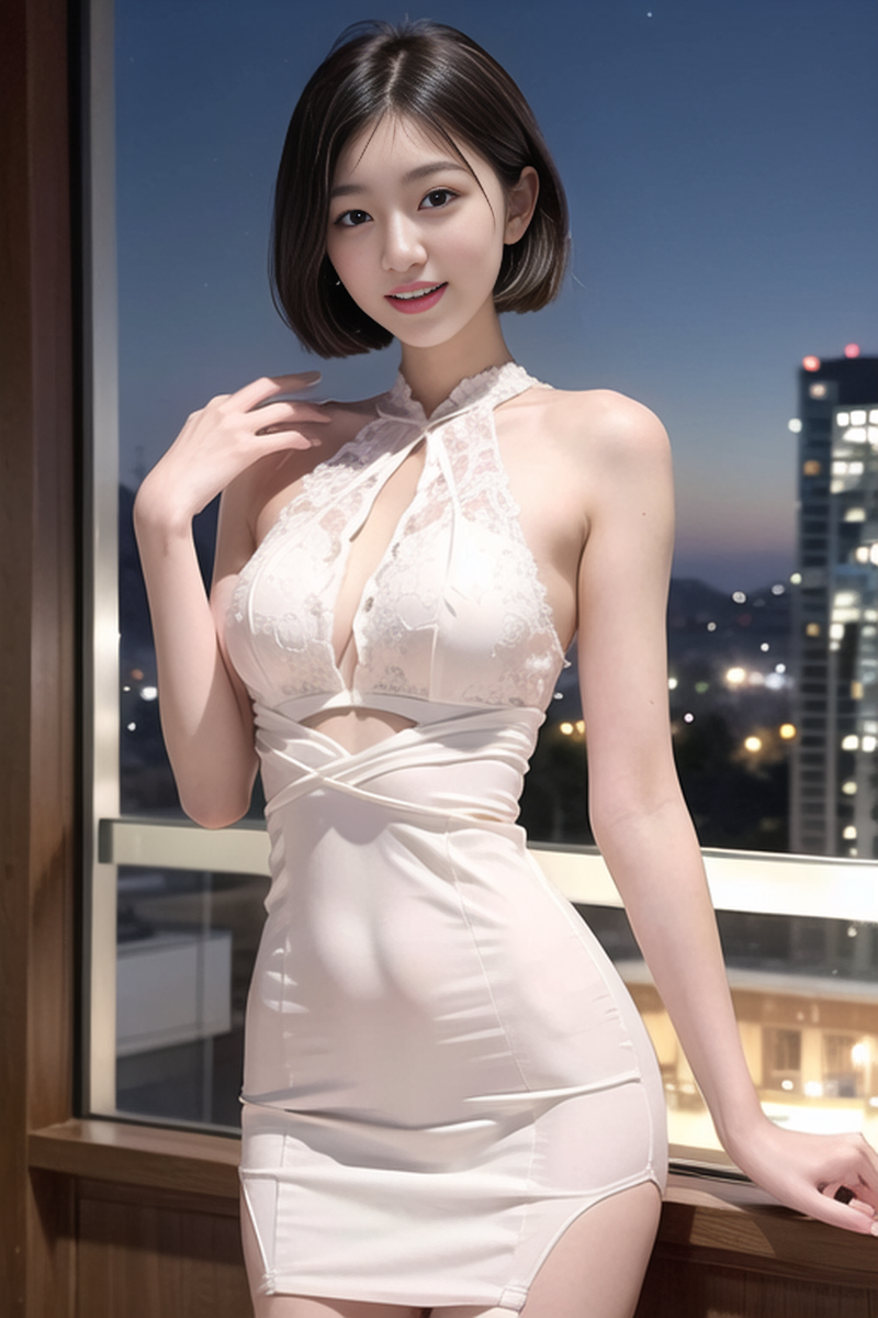 AI生成美女~短髮女孩-洋裝-夜間