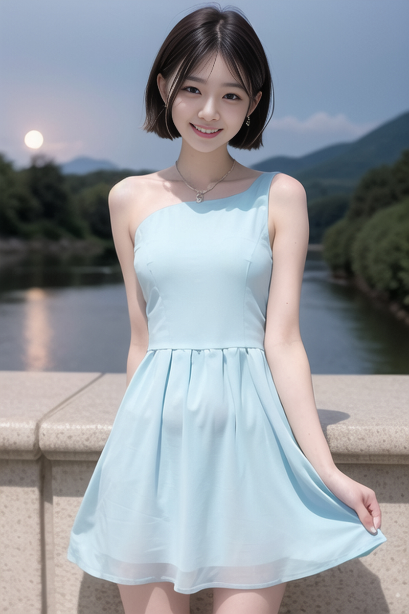 AI生成美女~短髮女孩-洋裝-夜間