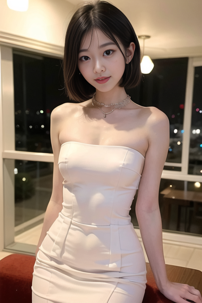 AI生成美女~短髮女孩-洋裝-夜間