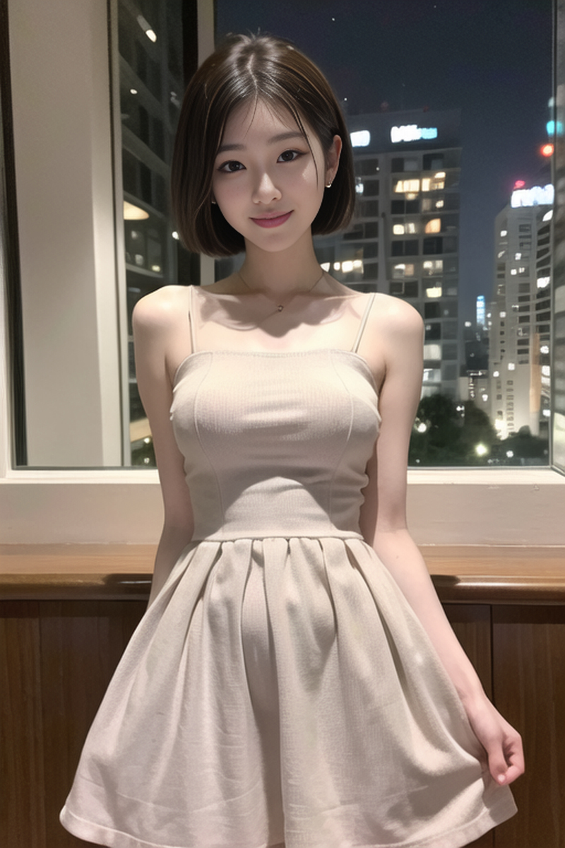 AI生成美女~短髮女孩-洋裝-夜間