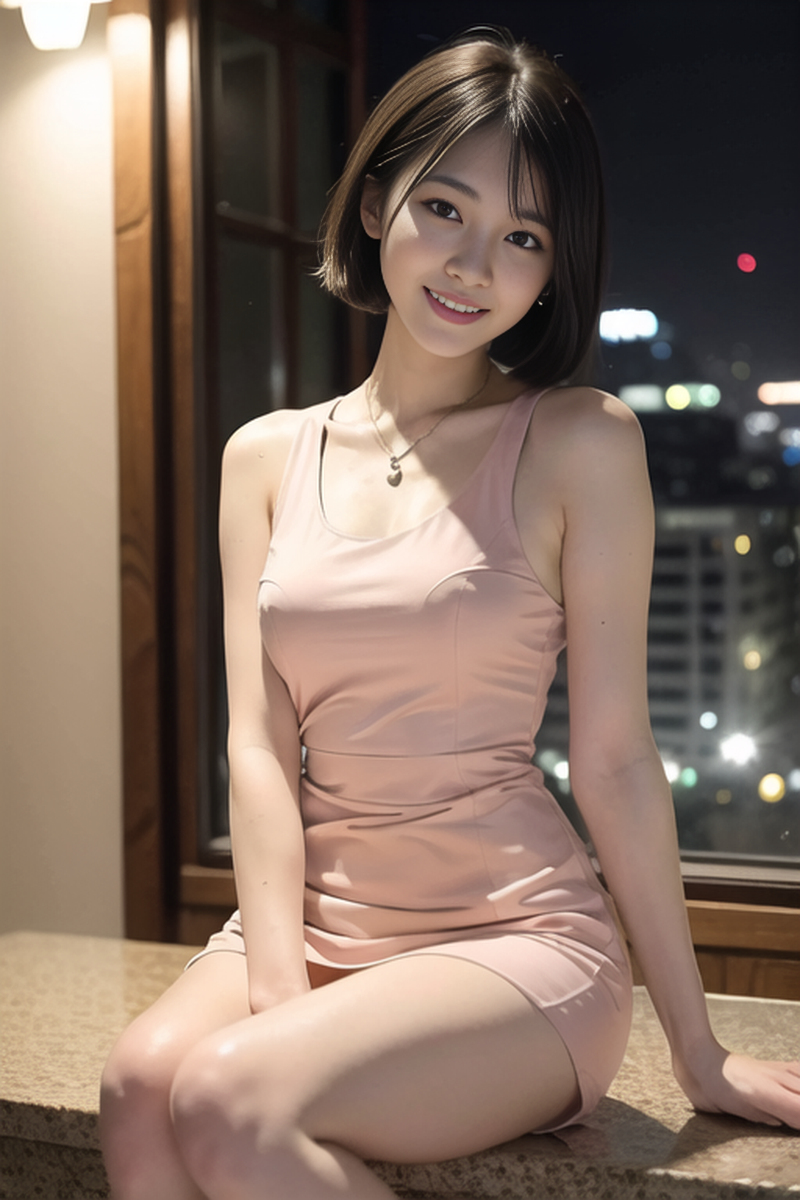 AI生成美女~短髮女孩-洋裝-夜間