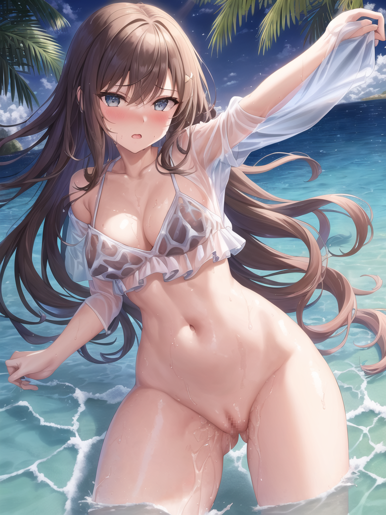 【AIイラストエロ畫像】淡い色彩で描かれたビーチの美少女