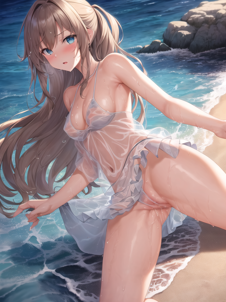 【AIイラストエロ畫像】淡い色彩で描かれたビーチの美少女