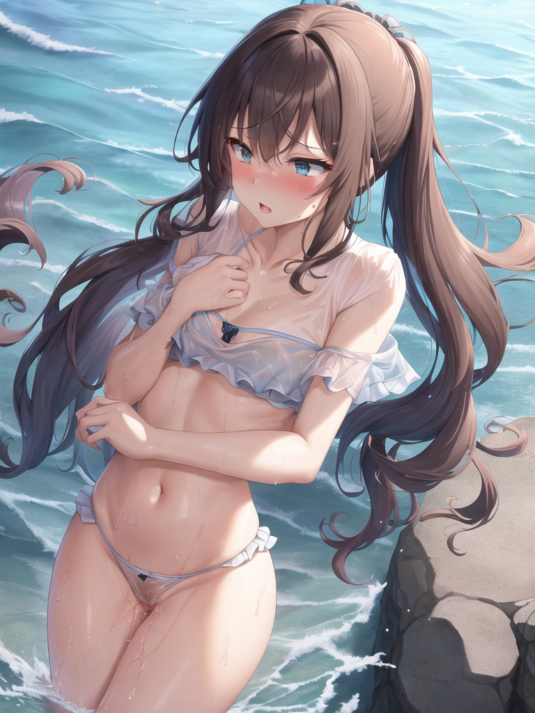 【AIイラストエロ畫像】フリル付きのシースルー水著の茶髪美女