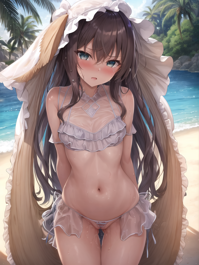 【AIイラストエロ畫像】フリル付きのシースルー水著の茶髪美女