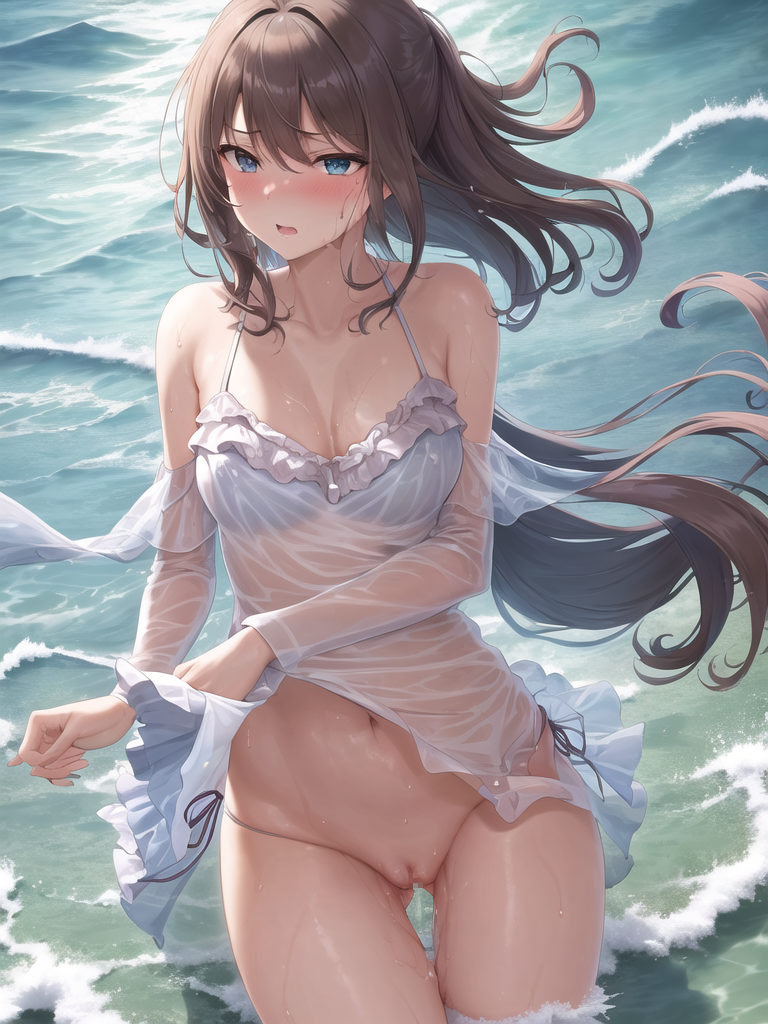 【AIイラストエロ畫像】フリル付きのシースルー水著の茶髪美女