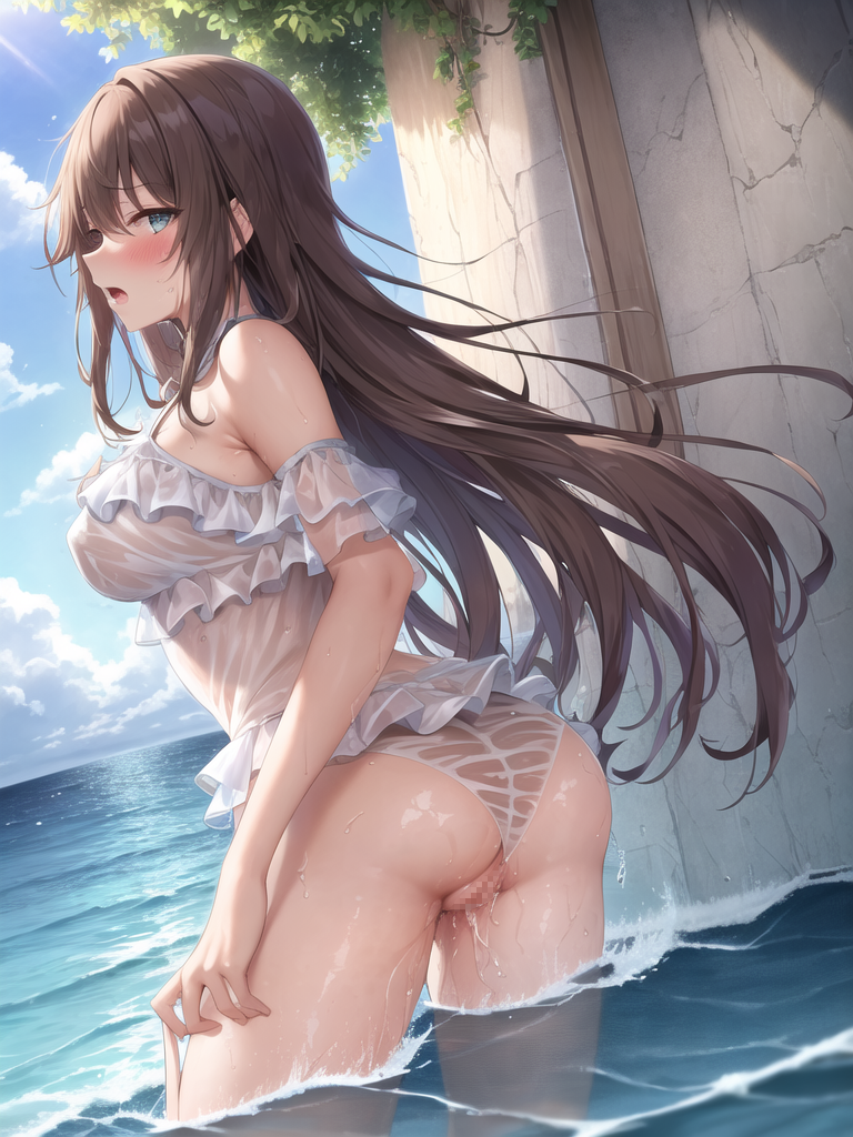 【AIイラストエロ畫像】フリル付きのシースルー水著の茶髪美女