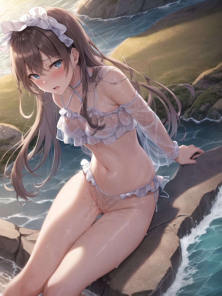 【AIイラストエロ畫像】フリル付きのシースルー水著の茶髪美女