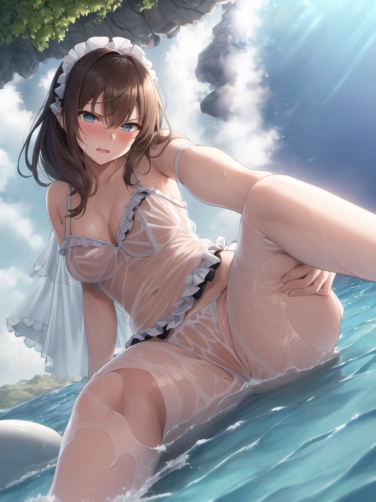 【AIイラストエロ畫像】フリル付きのシースルー水著の茶髪美女