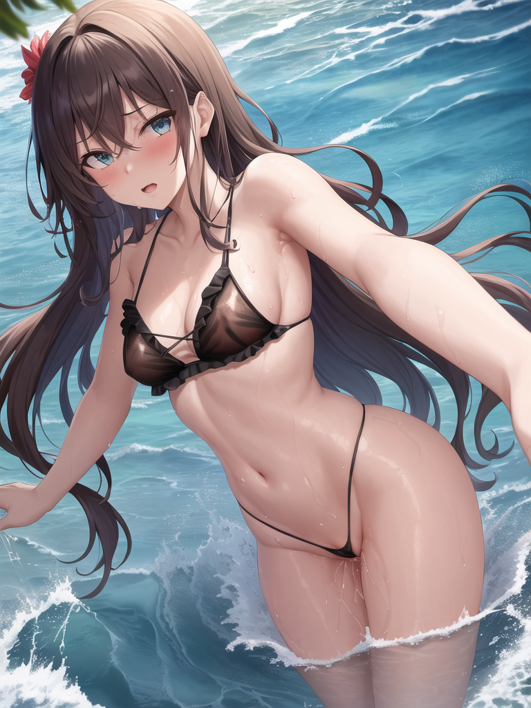 【AIイラストエロ畫像】フリル付きのシースルー水著の茶髪美女