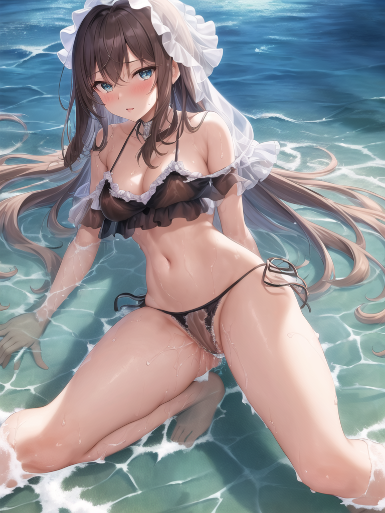 【AIイラストエロ畫像】フリル付きのシースルー水著の茶髪美女