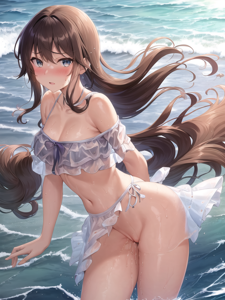 【AIイラストエロ畫像】フリル付きのシースルー水著の茶髪美女