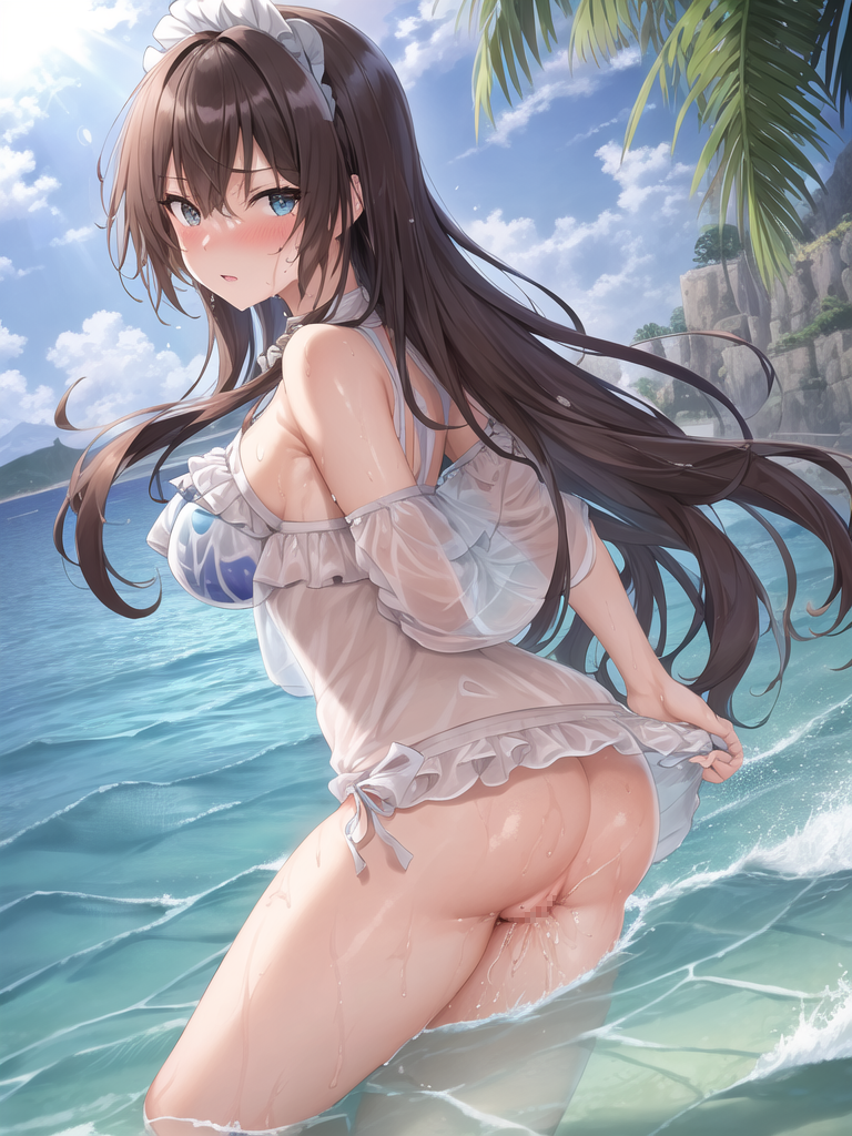 【AIイラストエロ畫像】フリル付きのシースルー水著の茶髪美女