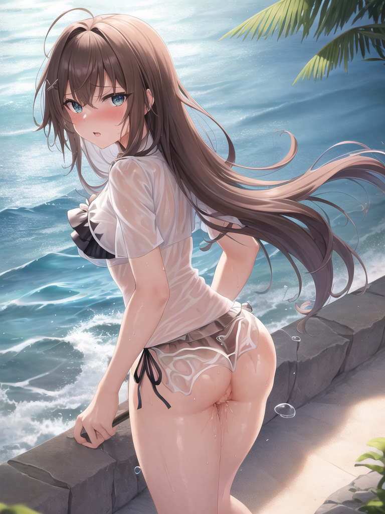 【AIイラストエロ畫像】フリル付きのシースルー水著の茶髪美女