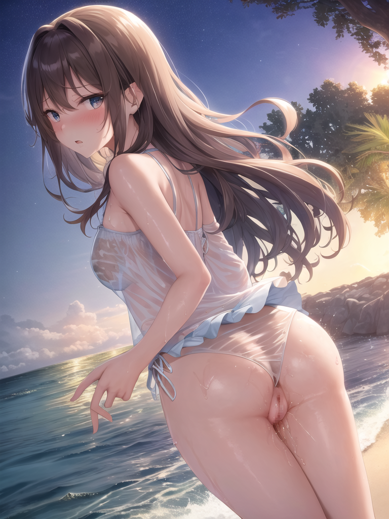 【AIイラストエロ畫像】フリル付きのシースルー水著の茶髪美女