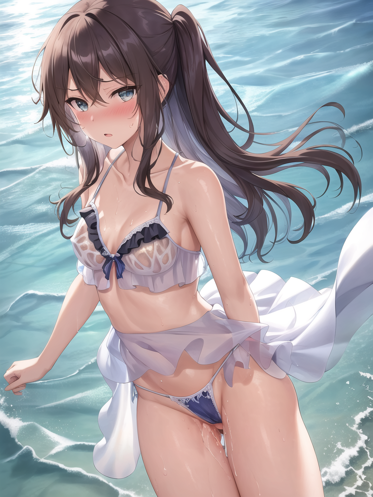 【AIイラストエロ畫像】フリル付きのシースルー水著の茶髪美女