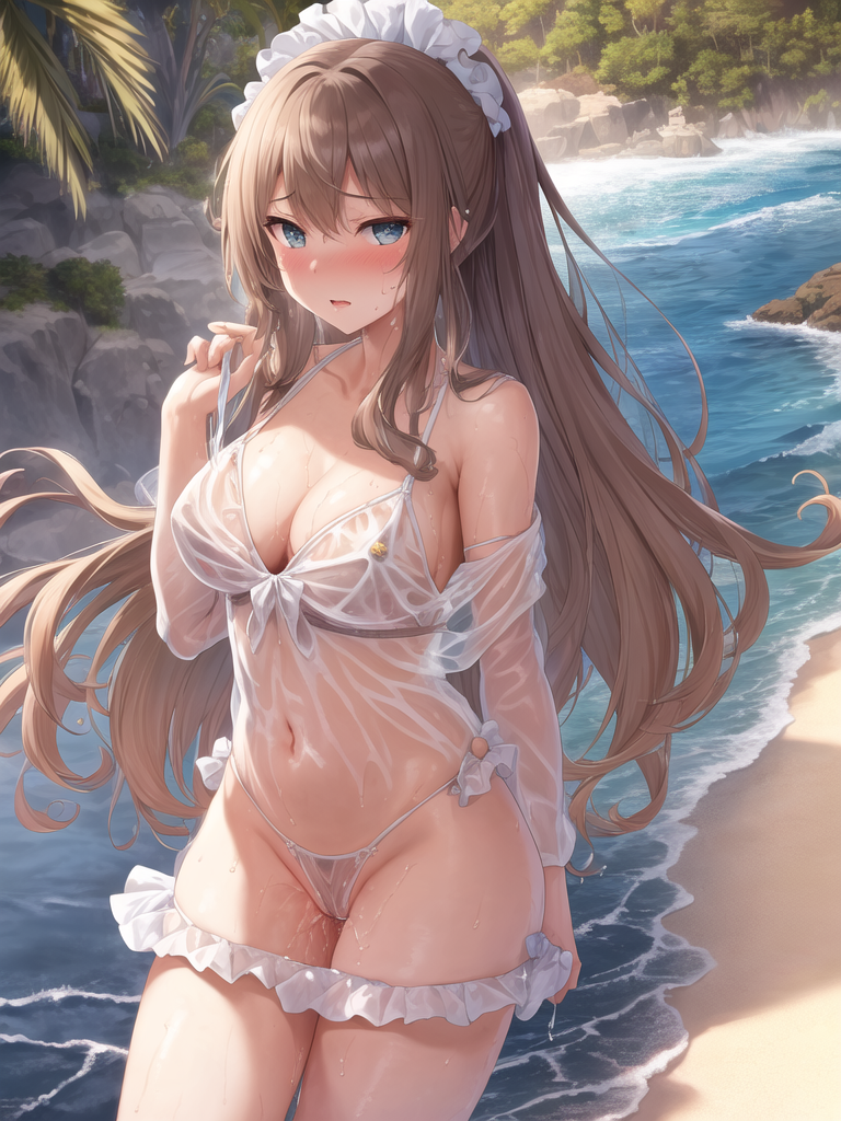 【AIイラストエロ畫像】フリル付きのシースルー水著の茶髪美女