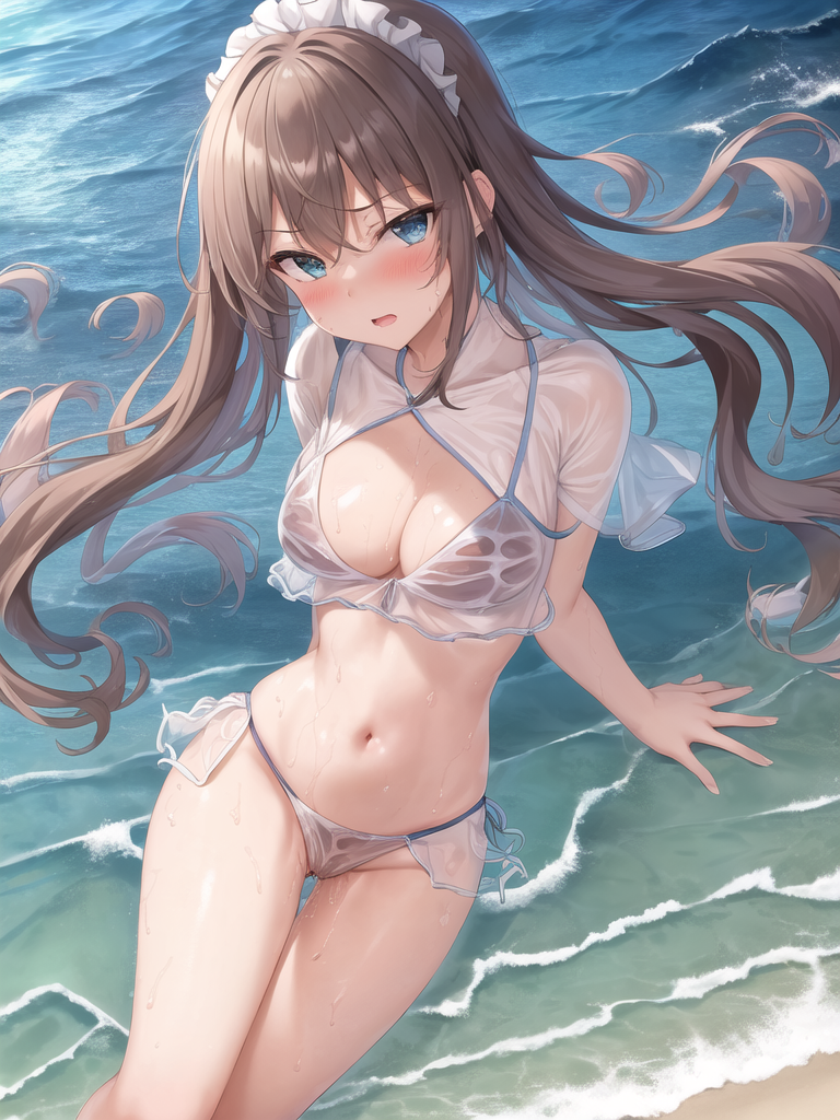 【AIイラストエロ畫像】フリル付きのシースルー水著の茶髪美女