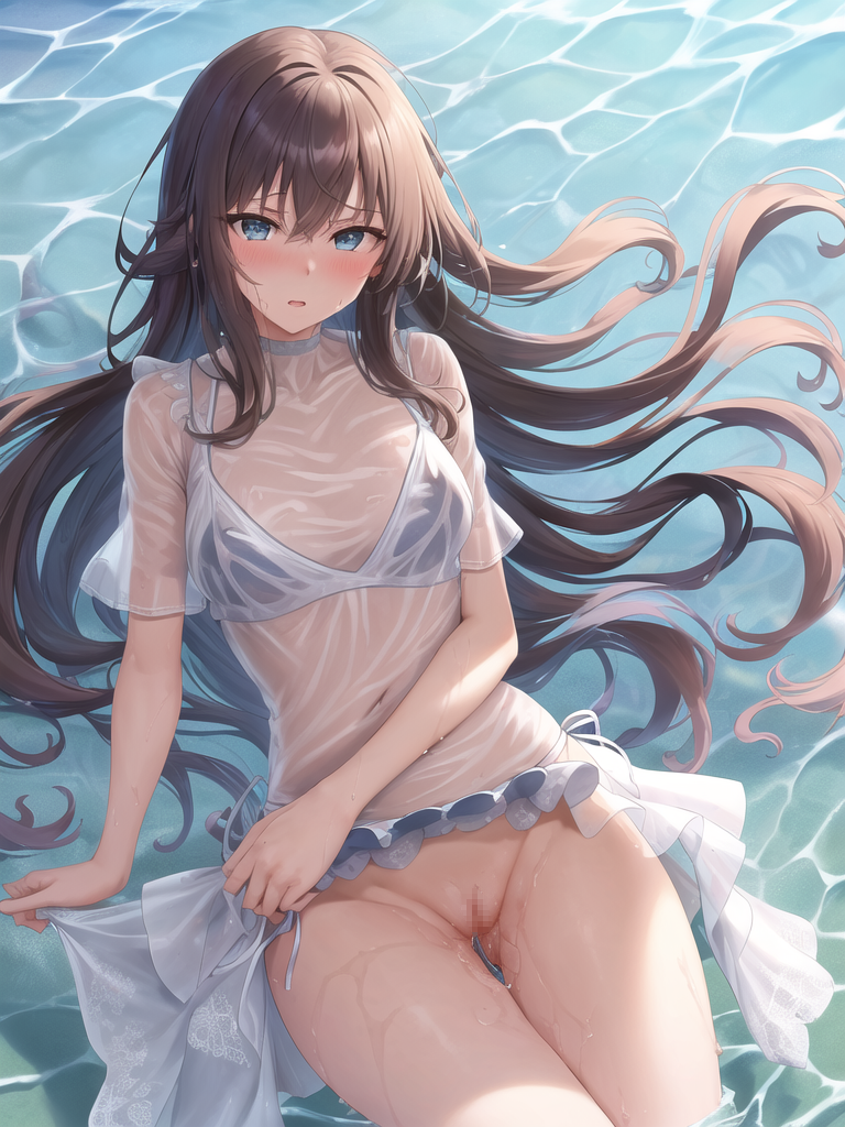 【AIイラストエロ畫像】フリル付きのシースルー水著の茶髪美女