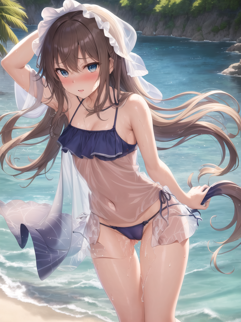 【AIイラストエロ畫像】フリル付きのシースルー水著の茶髪美女