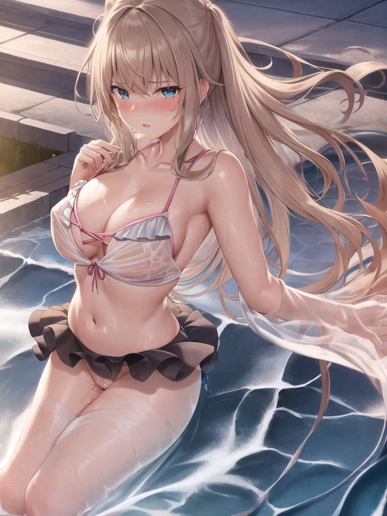 【AIイラストエロ畫像】フリル付きのシースルー水著の茶髪美女