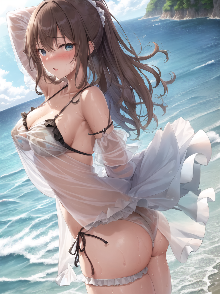 【AIイラストエロ畫像】フリル付きのシースルー水著の茶髪美女