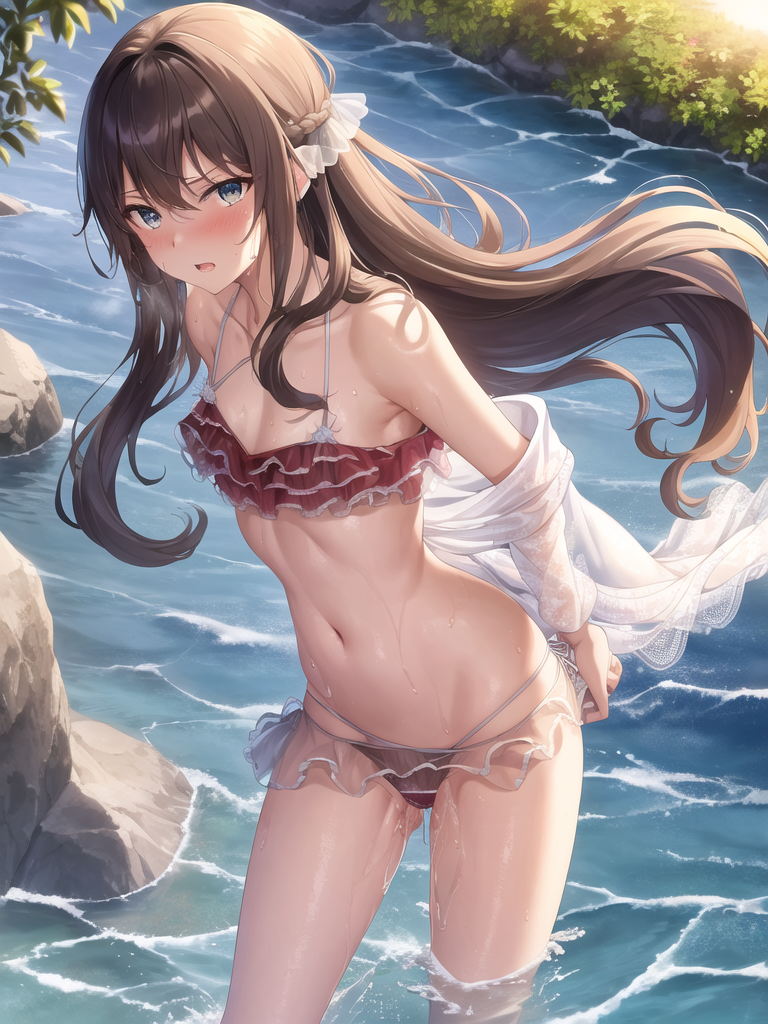 【AIイラストエロ畫像】フリル付きのシースルー水著の茶髪美女