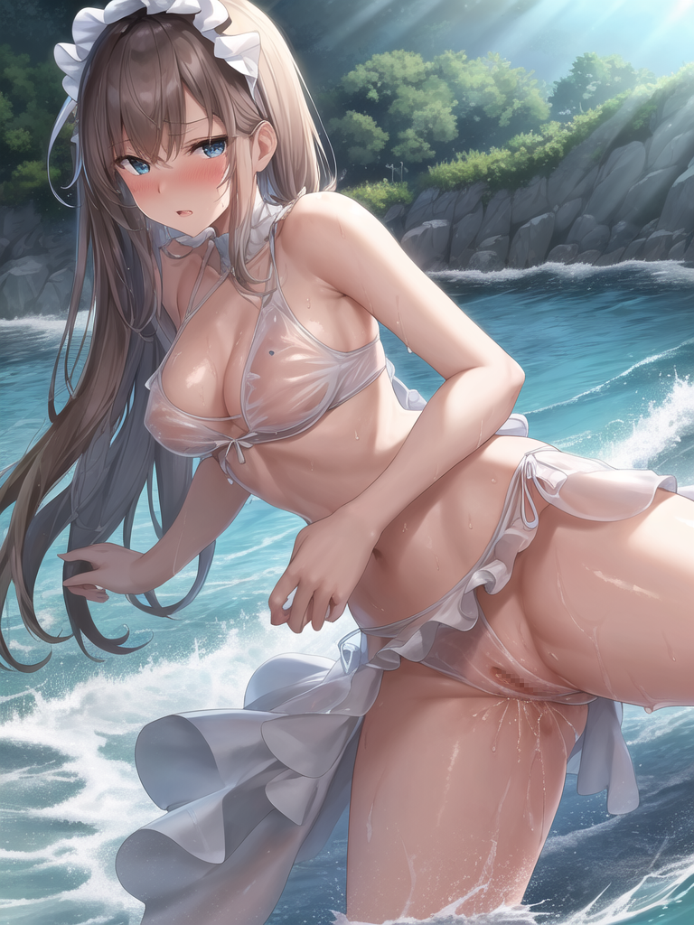 【AIイラストエロ畫像】フリル付きのシースルー水著の茶髪美女