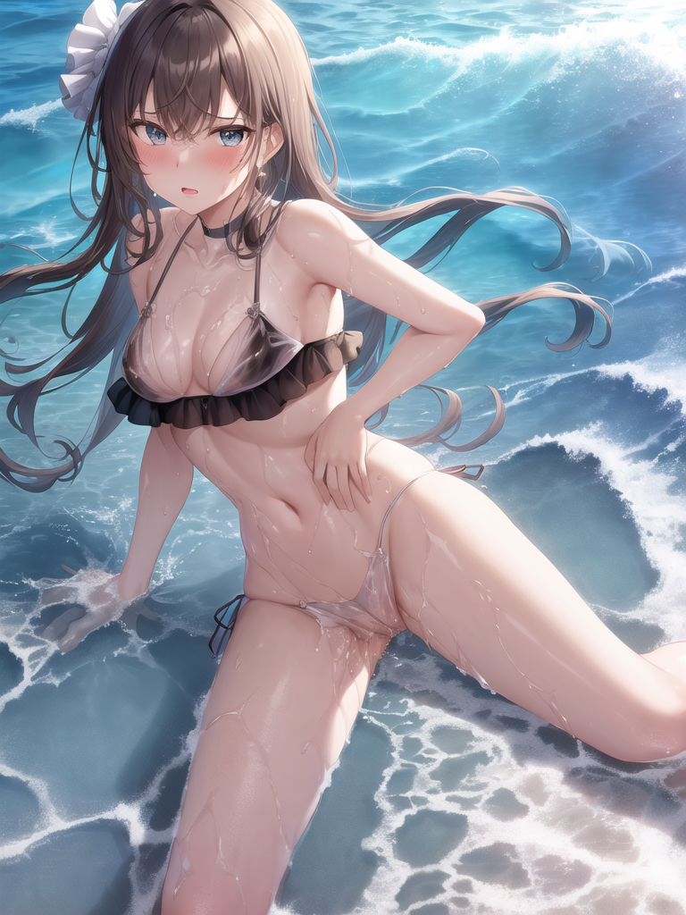 【AIイラストエロ畫像】フリル付きのシースルー水著の茶髪美女