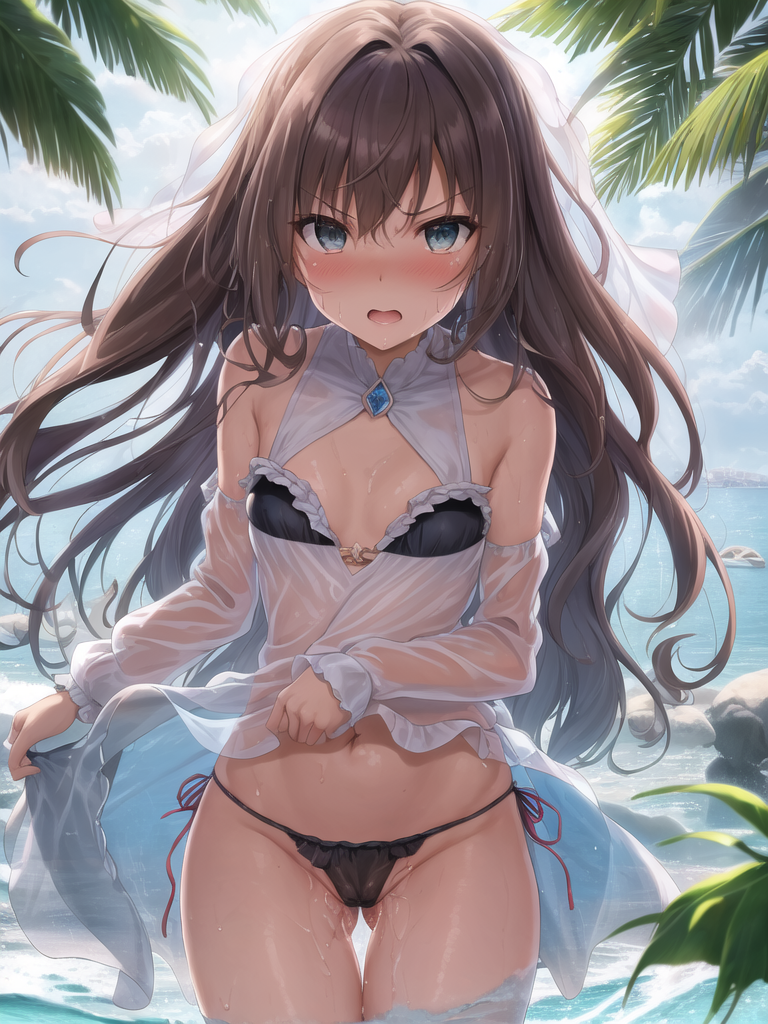 【AIイラストエロ畫像】フリル付きのシースルー水著の茶髪美女
