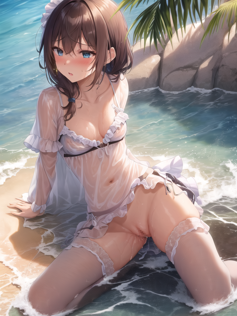 【AIイラストエロ畫像】フリル付きのシースルー水著の茶髪美女
