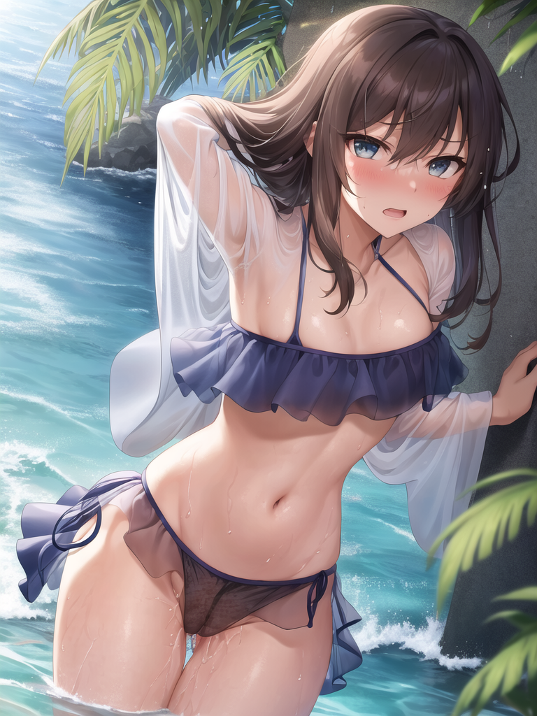 【AIイラストエロ畫像】フリル付きのシースルー水著の茶髪美女