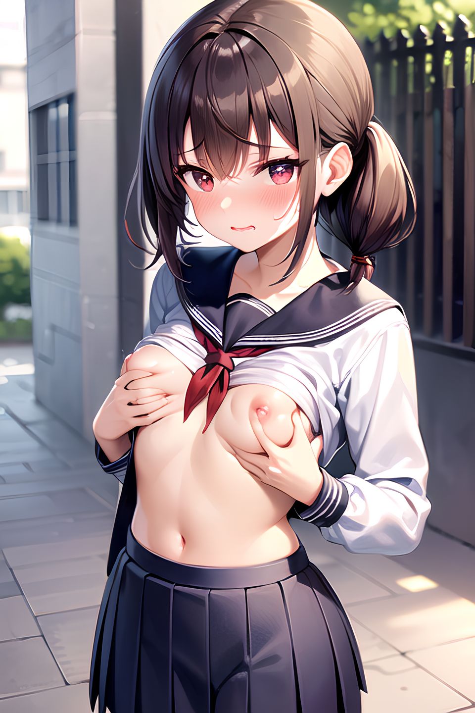 [AI generation] erotic portrait of a woman's child rubbing her chest outside