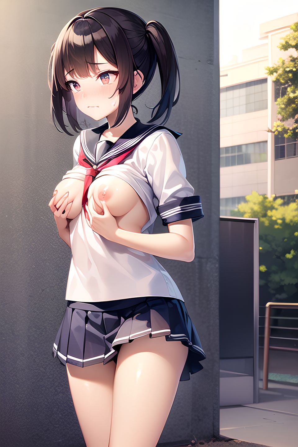 [AI generation] erotic portrait of a woman's child rubbing her chest outside