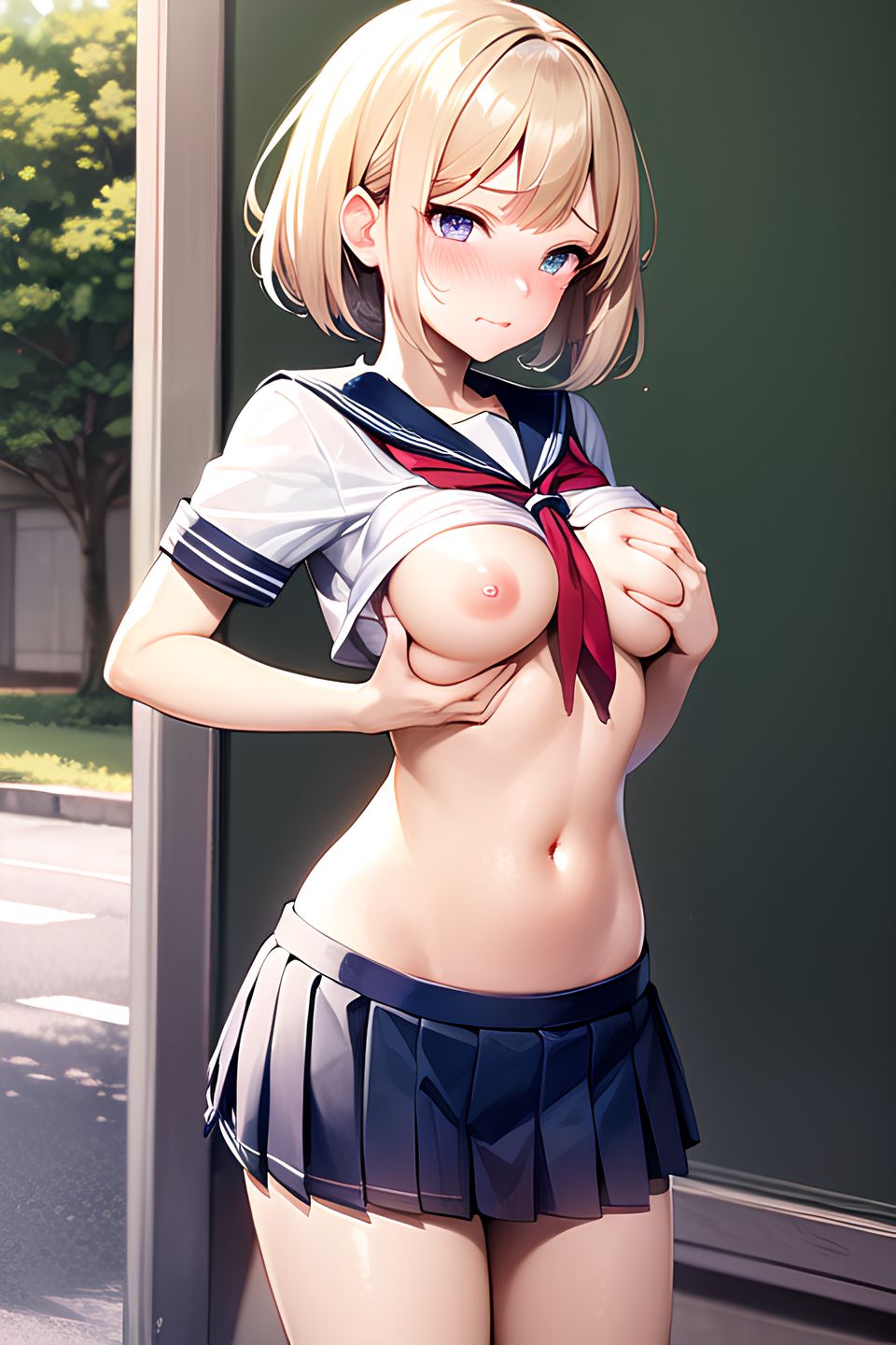 [AI generation] erotic portrait of a woman's child rubbing her chest outside